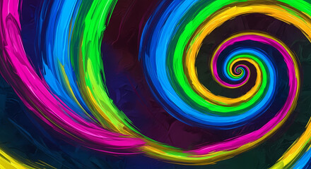 An abstract digital painting of a vibrant, swirling spiral with a rainbow of colors on a dark background.
