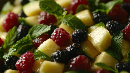 A close-up of a vibrant fruit salad with pineapple, berries, and fresh mint