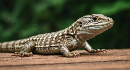 Lizard on a reddish surface, blurred green background