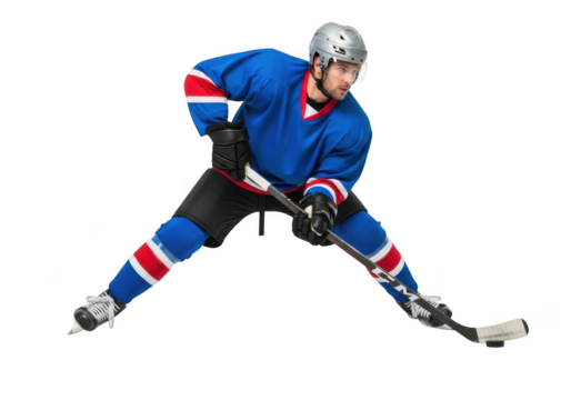 Hockey player in blue jersey isolated on transparent background