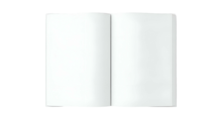 Opened blank book lies flat with two bright, white pages showing