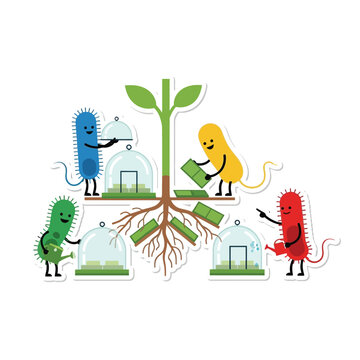 Cartoon illustration of friendly bacteria characters caring for a plant and its root system.