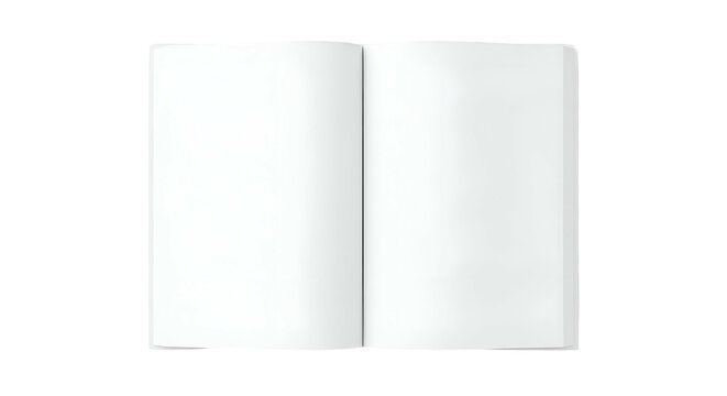 Opened blank book lies flat with two bright, white pages showing