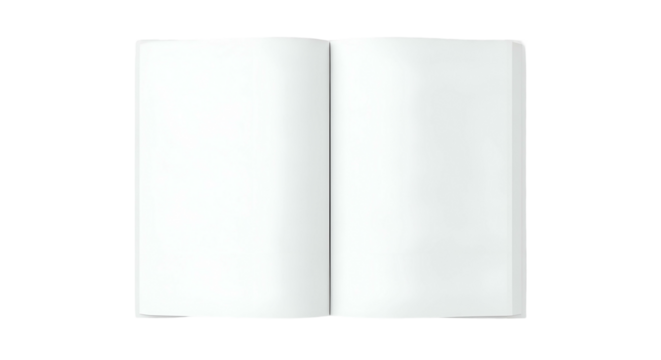 Opened blank book lies flat with two bright, white pages showing