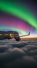 Airplane flying above clouds under the Aurora Borealis at sunset.