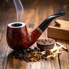 Smoking pipe with tobacco, matches, and a wooden box on a dark wooden surface
