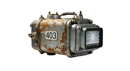 Distressed metal box, 403, cracked screen, rusty, industrial style