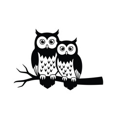 Two black owls perched on a branch vector illustration