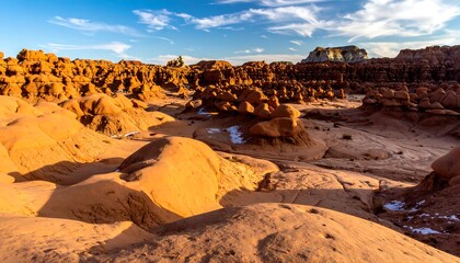 Unique desert rock formations bathed in warm sunlight under a blue sky