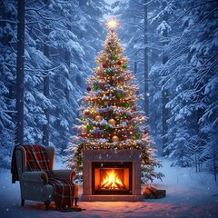 Christmas Tree by Fireplace in Snowy Forest - A Cozy Holiday Scene.