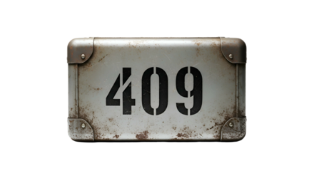 Weathered metal plate with "409" & corner rivets, isolated