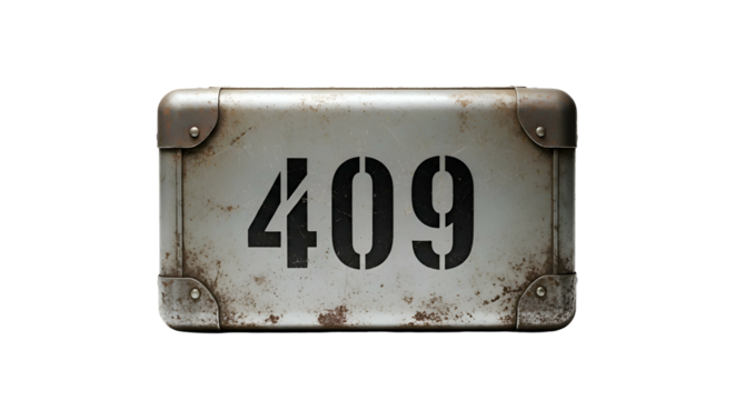 Weathered metal plate with "409" & corner rivets, isolated
