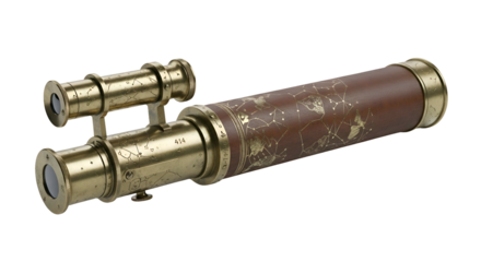 Antique telescope with etched constellation design on brown casing