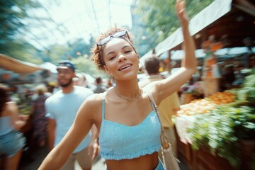 Joyful woman enjoying vibrant outdoor market atmosphere, surrounded by fresh produce