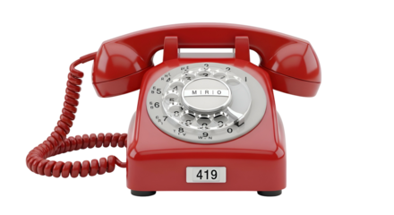 Bright red vintage rotary telephone on a transparent background