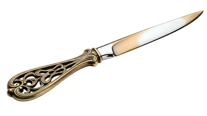 Ornate metal letter opener with intricate handle detail, shining blade