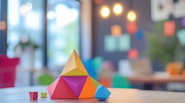 concept with colorful geometric shapes symbolizing creativity, blurred background of work environment, space for text