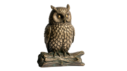 Patinated owl statue perches on rustic branch