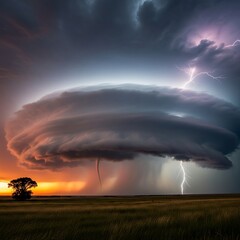 Dramatic Supercell Thunderstorm with Lightning Strikes at Sunset.