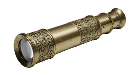 Ornate brass telescope with floral etched casing on dark background