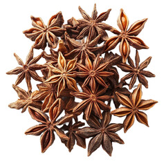 Top view of dried star anise studio shot isolated on a white transparent background