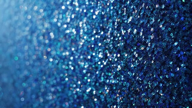 A shimmering close-up reveals a sea of small, iridescent blue particles, creating depth and sparkle
