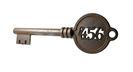 Ornate, aged, rusty metal key with "456" on its circular bow
