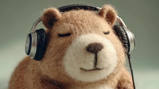 Animated teddy bear wearing headphones relaxing in pastel environment