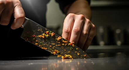 Chef meticulously chopping ingredients with a sharp knife in a professional kitchen.