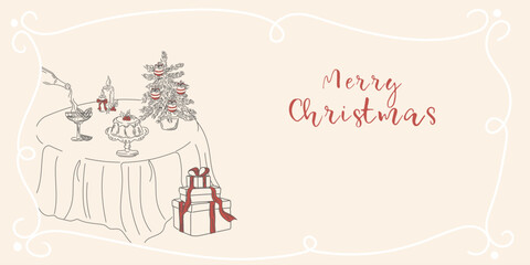 A minimalist Christmas dinner poster. Merry Christmas. Illustration of a table set with food, drinks, and candles. Hand-drawn New Year's invitation card with doodle elements.