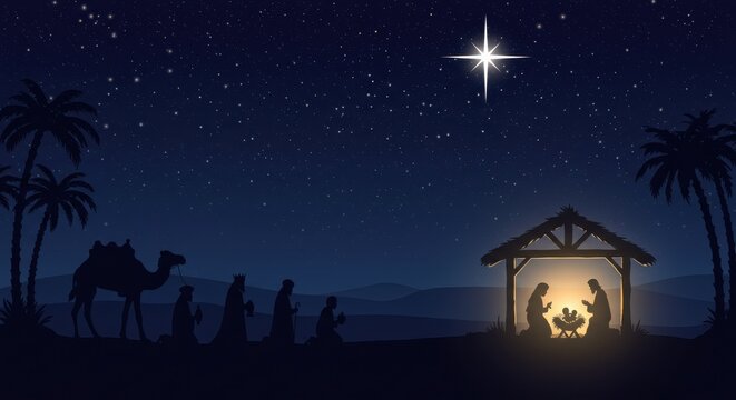 Epiphany day nativity scene under the guiding star of bethlehem