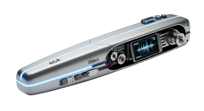 Sleek silver device with cutaway showing internal components