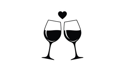 Two black wine glasses with red wine and heart drink