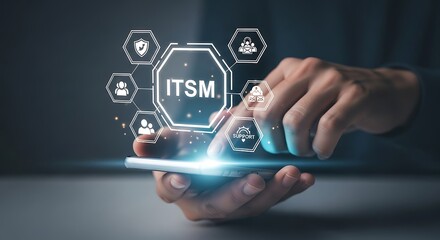 Person using smartphone with ITSM icons and network connections