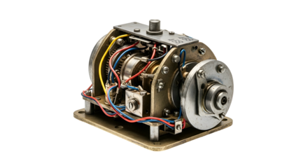 Complex, open-frame device with gears, wiring, and metal casing