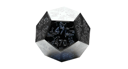 Dodecahedron polyhedron with symbols, floating in a dark void
