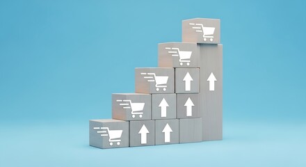 Fototapeta premium Staircase of wooden blocks with shopping cart icons