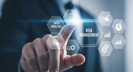 Businessman touching risk management interface with icons