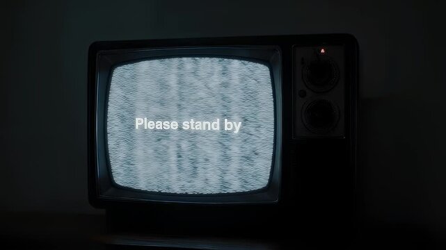 An old, black television displays static, with "Please stand by" text, in a dim room