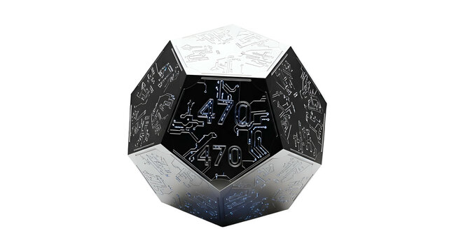 Dodecahedron polyhedron with symbols, floating in a dark void