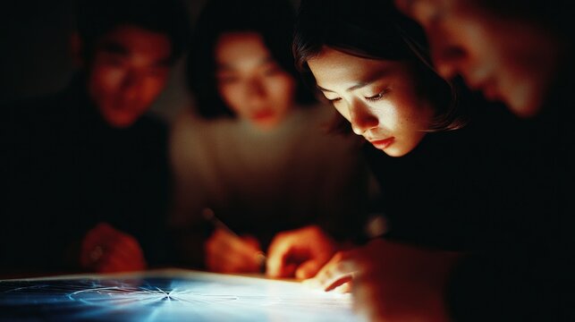 Focused group analyzing illuminated artwork, showcasing concentration and creativity