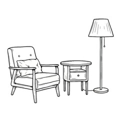 Vintage Furniture Illustration: Hand-Drawn Mid-Century Armchair, Table, and Lamp Vector Set