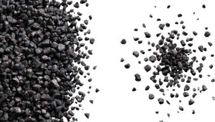 Dark, small stones, clustered.  Two piles of tiny, dark-gray pebbles, one dense, the other dispersed on black