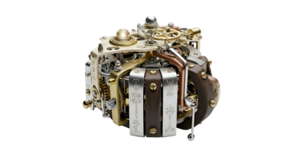 Elaborate mechanical contraption; brass, silver, and copper tones