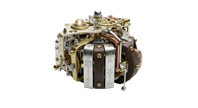 Elaborate mechanical contraption; brass, silver, and copper tones