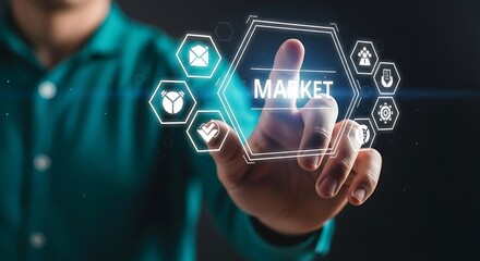 Hand selecting market icon on digital interface marketplace