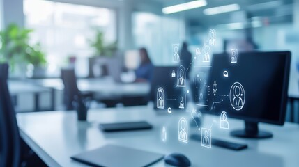 applicant tracking system and job icons, blurred background of modern workspace, space for text