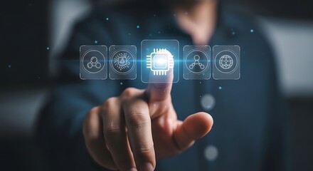 Finger touching a glowing CPU icon among technology symbols