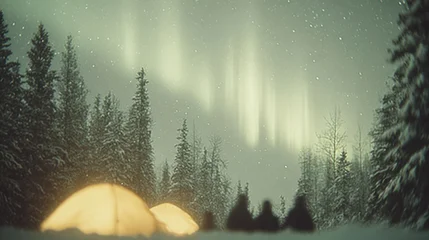 Canvas schilderij Kaki Glowing tents beneath mesmerizing auroras illuminate tranquil winter landscape  © Сергей Захаров