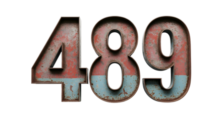 Rusty metal numbers 489 with red-over-blue color and dark border